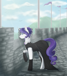 Size: 1099x1247 | Tagged: safe, artist:scarletsfeed, character:rarity, species:pony, fanfic:game of harmony, battlements, black dress, castle, clothing, dress, fanfic art, female, solo, speedpaint available, sunlight