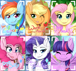 Size: 1024x963 | Tagged: safe, artist:nana-yuka, character:applejack, character:fluttershy, character:pinkie pie, character:rainbow dash, character:rarity, character:twilight sparkle, character:twilight sparkle (alicorn), species:alicorn, species:pony, 20% cooler, blep, blushing, bust, cute, deviantart watermark, eyes closed, galacon, grin, heart eyes, jackabetes, lip bite, mane six, obtrusive watermark, portrait, positive message, print, shyabetes, smiling, starry eyes, tongue out, twiabetes, watermark, wingding eyes