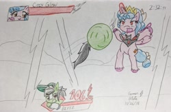 Size: 2354x1536 | Tagged: safe, artist:gmangamer25, character:cozy glow, oc, oc:gamer blitz, species:alicorn, species:pegasus, species:pony, alicorn amulet, alicornified, ball, cozycorn, crossover, female, glowing horn, hilarious in hindsight, horn, jumping, lightning, magic, male, mare, motion lines, race swap, rolling, sonic the hedgehog (series), spin dash, stallion, super smash bros., super smash bros. ultimate, traditional art