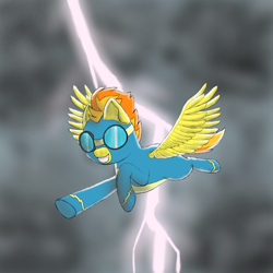 Size: 1000x1000 | Tagged: safe, artist:shoophoerse, character:spitfire, species:pegasus, species:pony, newbie artist training grounds, atg 2019, clothing, female, flying, goggles, grin, lightning, smiling, solo, uniform, wonderbolts, wonderbolts uniform