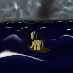 Size: 1000x1000 | Tagged: safe, artist:shoophoerse, character:daring do, species:pegasus, species:pony, newbie artist training grounds, atg 2019, boat, female, injured, injured wing, lightning, ocean, solo, storm, wings