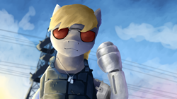 Size: 3838x2156 | Tagged: safe, artist:sapphmod, character:derpy hooves, species:pony, clothing, cyberpunk, cyberpunk 2077, dog tags, glasses, johnny silverhand, looking at you, vest