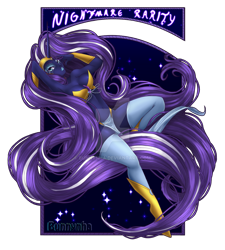 Size: 1024x1138 | Tagged: safe, artist:bunnynha, character:nightmare rarity, character:rarity, species:human, armpits, deviantart watermark, female, horn, horned humanization, humanized, obtrusive watermark, pony coloring, simple background, solo, transparent background, watermark
