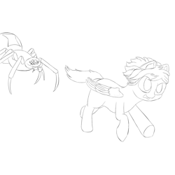 Size: 1000x1000 | Tagged: safe, artist:shoophoerse, oc, oc:shoop, species:pegasus, species:pony, newbie artist training grounds, atg 2019, giant spider, lineart, running, solo, spider