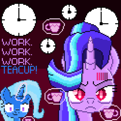 Size: 3875x3875 | Tagged: safe, artist:superhypersonic2000, character:starlight glimmer, character:trixie, species:pony, angry, clock, cup, pixel art, teacup, that pony sure does love teacups
