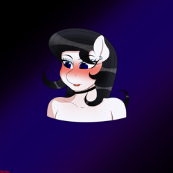 Size: 3000x3000 | Tagged: safe, artist:rarityismywaifu, oc, oc only, oc:lamika, species:anthro, species:pony, anthro oc, bare shoulder portrait, bare shoulders, blushing, blushing profusely, bust, chest freckles, choker, ear piercing, earring, eyeshadow, fangs, female, freckles, head shot, jewelry, lip bite, lipstick, makeup, mare, necklace, piercing, portrait, shoulder freckles, sketch, solo