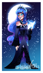 Size: 1640x2760 | Tagged: safe, artist:djspark3, character:princess luna, species:human, body freckles, clothing, crescent moon, dress, ethereal mane, female, freckles, galaxy mane, humanized, moon, smiling, solo, transparent moon