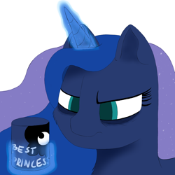Size: 1000x1000 | Tagged: safe, artist:shoophoerse, character:princess luna, species:alicorn, species:pony, newbie artist training grounds, atg 2019, bags under eyes, best princess, female, luna is not amused, magic, mug, simple background, solo, tired, unamused, white background
