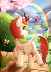 Size: 2480x3507 | Tagged: safe, artist:nana-yuka, character:autumn blaze, species:kirin, g4, awwtumn blaze, butt, butterfly, cherry blossoms, cloven hooves, colored hooves, cute, female, flower, flower blossom, hooves, leg fluff, looking at you, looking back, looking back at you, plot, profile, rainbow, raised hoof, raised leg, river, scenery, signature, smiling, smiling at you, solo, standing on two hooves, underhoof