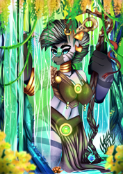 Size: 2480x3508 | Tagged: safe, artist:iblisart, character:zecora, species:anthro, species:zebra, breasts, busty zecora, clothing, ear piercing, earring, female, forest, high res, jewelry, looking at you, piercing, solo