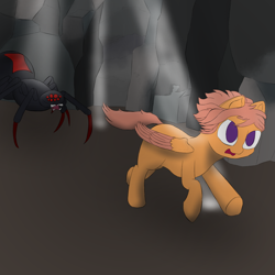 Size: 1000x1000 | Tagged: safe, artist:shoophoerse, edit, oc, oc:shoop, species:pegasus, species:pony, cave, giant spider, moonlight, running, running away, solo, spider