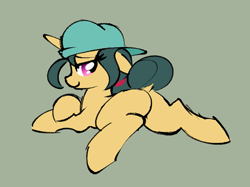 Size: 867x649 | Tagged: safe, artist:masserey, character:fresh coat, species:pony, species:unicorn, backwards ballcap, baseball cap, bedroom eyes, butt, cap, clothing, dock, female, hat, looking at you, looking back, looking back at you, mare, plot, prone, smiling, solo