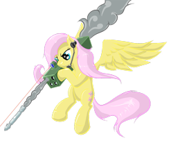 Size: 985x811 | Tagged: safe, artist:cyb3rwaste, character:fluttershy, species:pegasus, species:pony, female, flying, laser sight, mare, rocket, rocket launcher, simple background, smoke, solo, transparent background, weapon