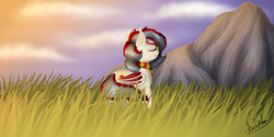 Size: 2400x1200 | Tagged: safe, artist:aselita selter, oc, oc only, oc:alexia goldgear, species:bat pony, species:pony, clothing, glasses, grass, mountain, scarf, valley