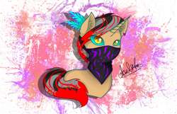 Size: 2800x1800 | Tagged: safe, alternate version, artist:aselita selter, oc, oc only, oc:azelf, species:pony, species:unicorn, abstract background, bandana, bust, colored pupils, ear piercing, earring, jewelry, looking at you, neon, piercing, portrait, slit eyes, solo