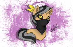 Size: 2800x1800 | Tagged: safe, alternate version, artist:aselita selter, oc, oc only, oc:azelf, species:pony, species:unicorn, abstract background, bandana, black sclera, bust, colored pupils, ear piercing, earring, jewelry, looking at you, piercing, portrait, slit eyes, solo