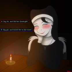 Size: 3000x3000 | Tagged: safe, artist:rarityismywaifu, oc, oc only, oc:lamika, species:anthro, species:pegasus, species:pony, blushing, candle, candlelight, candlelight dinner, chains, clothing, cross, cyoa, dialogue, dinner, eyes closed, eyeshadow, female, freckles, jewelry, lipstick, makeup, mare, nun, pegasus oc, poll, smiling, solo, story included, table, text, wings