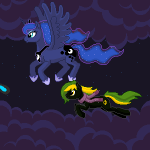 Size: 300x300 | Tagged: safe, artist:imreer, character:princess luna, oc, oc:vermont black, species:alicorn, species:earth pony, species:pony, animated, clothing, female, flowing hair, flowing mane, flowing tail, flying, glowing scarf, male, mare, pixel art, scarf, stallion, ych result