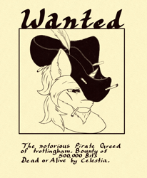 Size: 1536x1864 | Tagged: safe, artist:greed, oc, species:pony, species:unicorn, beard, bust, digital art, facial hair, male, monochrome, pirate, portrait, smoking, stallion, wanted poster