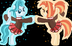 Size: 5773x3726 | Tagged: safe, artist:superhypersonic2000, character:lighthoof, character:shimmy shake, species:pony, episode:2-4-6 greaaat, absurd resolution, cheerleader, cheerleader outfit, clothing, duo, hoofbump, pixel art, smiling, standing, standing on one leg