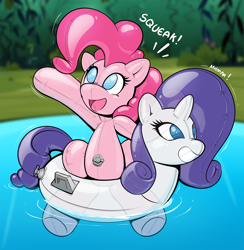 Size: 1052x1080 | Tagged: safe, artist:redflare500, character:pinkie pie, character:rarity, species:earth pony, species:pony, species:unicorn, air nozzle, balloon pony, floaty, forced smile, inanimate tf, inflatable, inflatable pony, inner tube, muffled words, pool toy, smiling, squeak, transformation