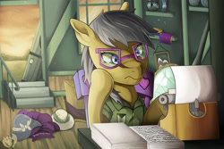 Size: 3600x2400 | Tagged: safe, artist:kenisu-of-dragons, character:a.k. yearling, character:daring do, species:pony, a.k. yearling's cottage, book, clothing, door, dress, female, glasses, hat, hoof on chin, open door, paper, solo, thinking, typewriter, watermark