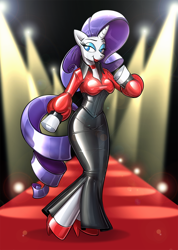 Size: 1080x1515 | Tagged: safe, artist:redflare500, character:rarity, species:anthro, species:pony, species:unguligrade anthro, species:unicorn, bodysuit, breasts, catwalk, clothing, dress, eyeshadow, female, high heels, latex, latex dress, lipstick, makeup, shoes, smiling, solo
