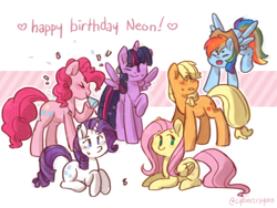 Size: 1600x1200 | Tagged: safe, artist:nintendash, character:applejack, character:fluttershy, character:pinkie pie, character:rainbow dash, character:rarity, character:twilight sparkle, character:twilight sparkle (alicorn), species:alicorn, species:pony, accessory theft, applejack's hat, clothing, cowboy hat, cute, happy birthday, hat, mane six, party horn, sweat, sweatdrop