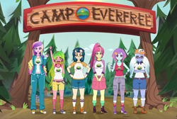 Size: 2035x1365 | Tagged: safe, artist:the_real_me, character:dean cadance, character:indigo zap, character:lemon zest, character:princess cadance, character:sour sweet, character:sugarcoat, character:sunny flare, my little pony:equestria girls, armpits, bandaid, camp everfree, camp everfree outfits, camper, clothing, converse, crossed arms, denim skirt, freckles, glasses, goggles, headphones, hiking boots, looking at you, open mouth, piercing, pigtails, ponytail, shadow five, shirt, shoes, shorts, skirt, smiling, snapback, sneakers, socks, t-shirt, tongue out, tongue piercing, tracksuit, tube socks, twintails, waving