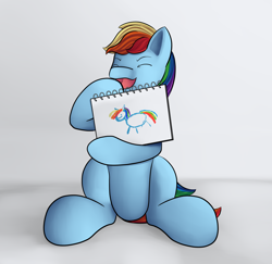 Size: 1800x1750 | Tagged: safe, artist:einboph, character:rainbow dash, species:pegasus, species:pony, cute, eyes closed, female, laughing, proud, sitting, sketch book, smiling, solo