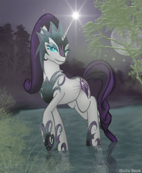 Size: 700x855 | Tagged: safe, artist:giuliabeck, character:nightmare rarity, character:rarity, alternate hairstyle, armor, armorarity, corrupted, female, helmet, hilarious in hindsight, moon, night, nightmarified, outdoors, reflection, solo