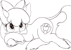 Size: 4093x2894 | Tagged: safe, artist:greed, character:apple bloom, species:earth pony, species:pony, g4, adorabloom, cloven hooves, cute, digital art, female, filly, leonine tail, lineart, looking at you, lying down, monochrome, sketch, solo, unshorn fetlocks