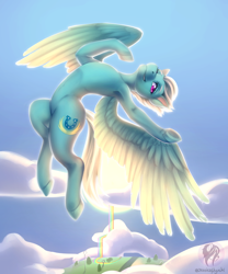 Size: 2500x3000 | Tagged: safe, artist:jessicanyuchi, character:fleetfoot, species:pegasus, species:pony, armpits, belly button, cloud, female, flying, looking at you, mare, rainbow falls (location), signature, sky, solo