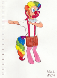 Size: 1767x2400 | Tagged: safe, artist:awesometheweirdo, oc, oc:pogo, parent:oc:anon, parent:pinkie pie, satyr, clown, clown pepe, clown world, dab, honkler, meme, offspring, pepe the frog, traditional art, watercolor painting