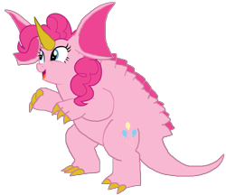 Size: 1673x1443 | Tagged: safe, artist:supersamyoshi, character:pinkie pie, baragon, crossover, female, fusion, godzilla (series), kaiju, kaijufied, large ears, simple background, solo, species swap, transparent background, unicorn horn