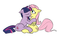 Size: 985x615 | Tagged: safe, artist:c0nker, character:fluttershy, character:twilight sparkle, species:pegasus, species:pony, species:unicorn, ship:twishy, blushing, female, kissing, lesbian, mare, shipping, simple background, sitting, white background, wide eyes
