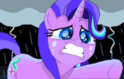 Size: 6154x3944 | Tagged: safe, artist:superhypersonic2000, character:starlight glimmer, species:pony, species:unicorn, episode:a horse shoe-in, g4, my little pony: friendship is magic, crying, female, lightning, mare, phyllis no!, pixel art, rain, scene interpretation, solo