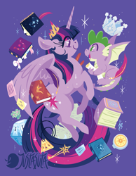 Size: 875x1125 | Tagged: safe, artist:justasuta, character:spike, character:twilight sparkle, character:twilight sparkle (alicorn), species:alicorn, species:dragon, species:pony, episode:sparkle's seven, g4, my little pony: friendship is magic, book, claws, compass, crown, dragon wings, duo, elements of harmony (book), fangs, female, friendship journal, hard-won helm of the sibling supreme, hooves, horn, jewelry, key, key of magic, lineless, mare, mystery box of plot importance, new crown, open mouth, purple background, quill, regalia, scorpan's necklace, scroll, simple background, smiling, spread wings, winged spike, wings