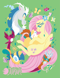 Size: 875x1125 | Tagged: safe, artist:justasuta, character:angel bunny, character:discord, character:fluttershy, species:bird, species:draconequus, species:pegasus, species:pony, blushing, bow tie, butterfly, cup, female, goggles, green background, healer's mask, hooves, key of kindness, leaf, lineless, mare, mask, music notes, simple background, smiling, teacup, vampire fruit bat, wings