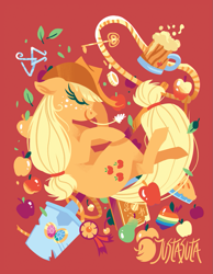 Size: 875x1125 | Tagged: safe, artist:justasuta, character:applejack, species:earth pony, species:pony, apple, bits, book, cider, clothing, cowboy hat, eyes closed, female, floppy ears, food, hat, hooves, key, key of honesty, lasso, leaf, lineless, mare, mug, pear, pie, profile, red background, rope, shovel, simple background, solo, straw in mouth, tankard, zap apple