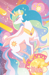 Size: 900x1380 | Tagged: safe, artist:justasuta, character:princess celestia, species:alicorn, species:pony, abstract background, comet, crown, eyes closed, female, hoof shoes, hooves, horn, jewelry, lineless, mare, profile, regalia, shooting star, sky, solo, space, stars, sun, tiara, wings