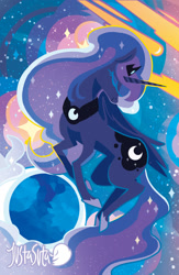 Size: 900x1380 | Tagged: safe, artist:justasuta, character:princess luna, species:alicorn, species:pony, abstract background, comet, crown, eyes closed, female, hoof shoes, hooves, horn, jewelry, lineless, mare, moon, night, profile, regalia, shooting star, sky, solo, starry night, stars, tiara, wings