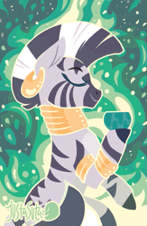 Size: 587x900 | Tagged: safe, artist:justasuta, character:zecora, species:pony, species:zebra, abstract background, bowl, bracelet, ear piercing, earring, eyes closed, female, hooves, jewelry, lineless, mare, neck rings, piercing, profile, quadrupedal, smiling, solo