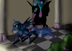 Size: 3496x2480 | Tagged: safe, artist:moon-wing, character:nightmare moon, character:princess luna, species:alicorn, species:pony, female, mare, missing accessory, shadow, solo