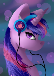 Size: 2480x3496 | Tagged: safe, artist:moon-wing, character:twilight sparkle, species:pony, abstract background, bokeh, bust, female, headphones, looking at you, mare, portrait, solo
