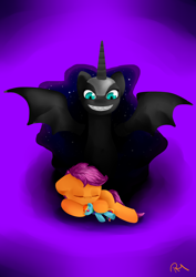 Size: 2480x3496 | Tagged: safe, artist:moon-wing, character:nightmare moon, character:princess luna, character:scootaloo, species:pony, female, filly, ominous, rainbow dash plushie
