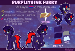 Size: 3145x2162 | Tagged: safe, artist:lilpinkghost, oc, oc:purplethink, species:earth pony, species:pony, bisexual, cutie mark, reference sheet, spanish