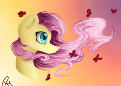 Size: 3496x2480 | Tagged: safe, artist:moon-wing, character:fluttershy, species:pegasus, species:pony, bust, butterfly, female, gradient background, mare, portrait, solo, windswept mane