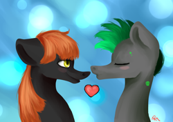 Size: 3496x2480 | Tagged: safe, artist:moon-wing, oc, oc only, oc:aurora blaze, oc:toxic shadow, species:pony, abstract background, eyes closed, heart, kissing
