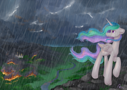 Size: 3496x2480 | Tagged: safe, artist:moon-wing, character:princess celestia, species:alicorn, species:pony, crying, female, fire, looking back, mare, missing accessory, rain, redraw, remake, solo
